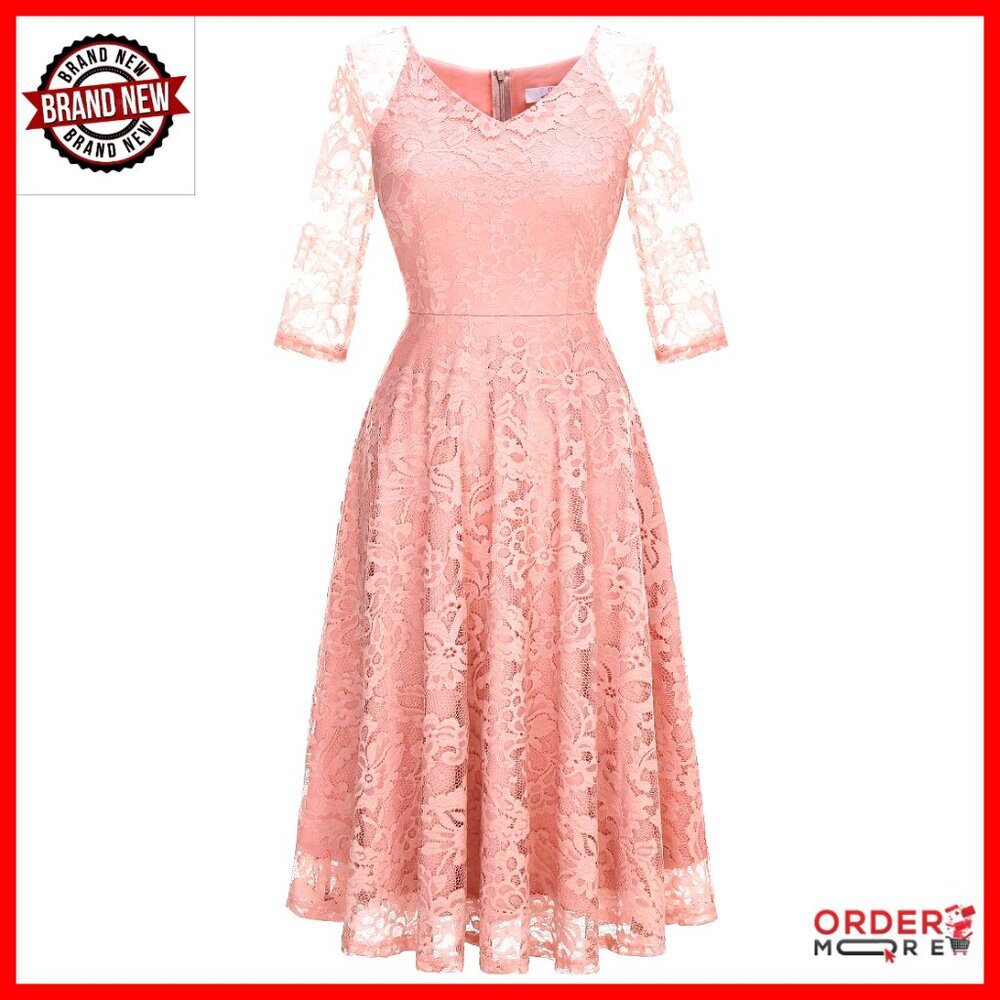 Long Sleeve Lace Midi Dress A-Line Formal Wedding Guest Party Cocktail